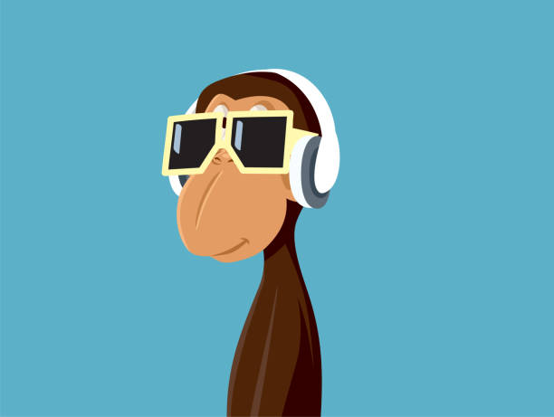 Cool Monkey Wearing Sunglasses Listening to Music Vector Cartoon Hipster ape with headphones set playing favorite song caricature stock illustrations