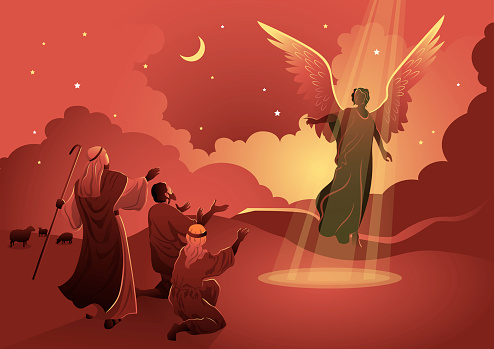 Angel announced the birth of Jesus to the shepherds. Biblical vector illustration series