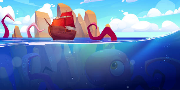 illustrazioni stock, clip art, cartoni animati e icone di tendenza di kraken, polpo gigante attacca nave in mare - under attack