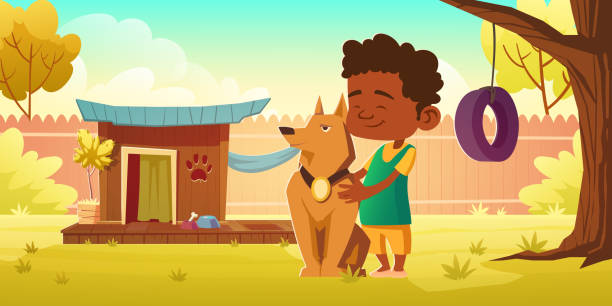 Boy and dog on backyard with canine kennel Boy and dog on backyard with canine kennel, fence and tree with tire swing. Vector cartoon illustration of garden or house yard with doghouse and happy kid with pet person sitting on fence stock illustrations