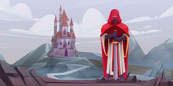 Knight standing with sword on background of medieval castle. Vector cartoon fairytale illustration of warrior or paladin in red cloak and stone mountain valley with royal palace on rock