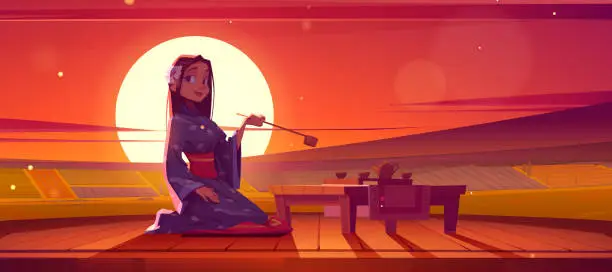 Vector illustration of Japanese tea ceremony and girl in kimono at sunset