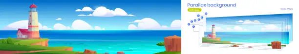 Vector illustration of Parallax background lighthouse on sea shore, 2d