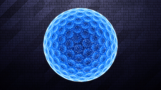Three-dimensional golfball isolated on dark hi-tech background in binary cyberspace. 3D illustration.