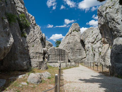 Yazilikaya Open Air Temple Rock figures. Historical ruins of Yazilikaya. Hittite capital Hattusa. Turkey travel. Bogazkale, Corum , Turkey