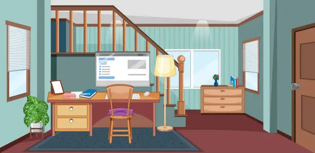 Vector illustration of Workroom scene with computer on the table