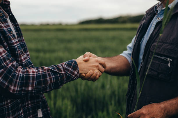 farmers on field close up of two man handshake on field farmer stock pictures, royalty-free photos & images