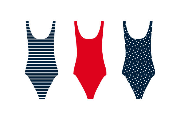 One piece swimsuits. Red, blue striped and blue with white polka dot print swimsuits Clothing for swimming. Isolated vector illustration swimwear stock illustrations