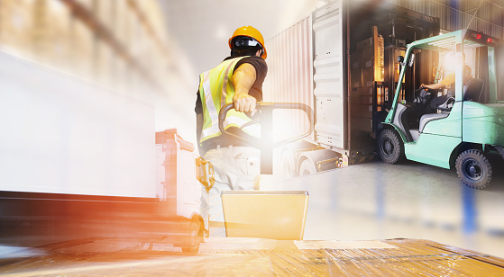 Double Exposure Photos of Worker Unloading Package Boxes, Forklift Loading into Shipping Cargo Container, Semi Truck Driving on the Road. Warehouse Logistics and Cargo Transport Concept.
