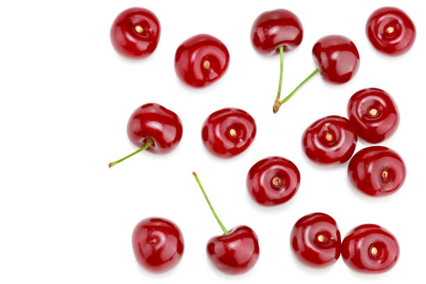 istock red cherry isolated on white background. clipping path. top view 1356722337