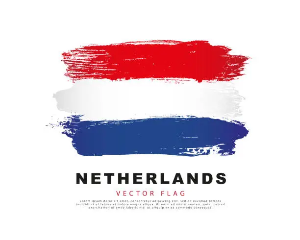 Vector illustration of Netherlands flag. Freehand blue, white and red brush strokes. Vector illustration isolated on white background.