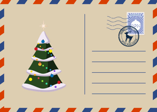 クリスマスとハッピーニューイヤー挨拶休日はがき、古い冬のクリスマスツリーヴィンテージの背景。ベクターイラスト招待カードレトロ - greeting card christmas envelope mail点のイラスト素材／クリップアート素材／マンガ素材／アイコン素材