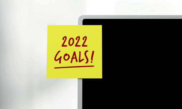 istock 2022 Goals message on the sticker on the blank laptop screen. 1356724873