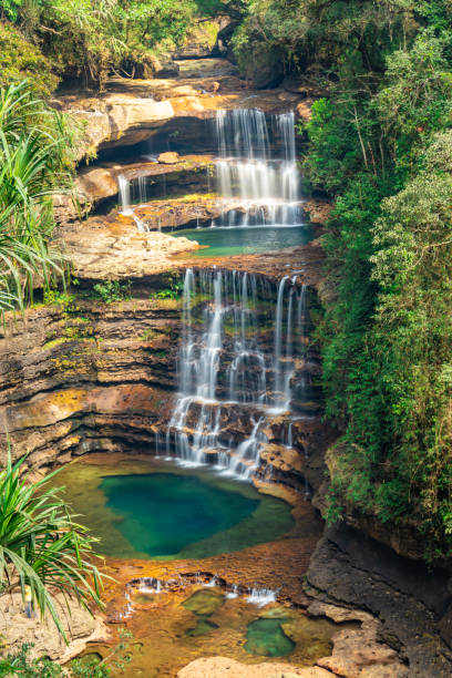 istock two layered waterfall falling from mountain top in deep green forests at morning from top angle 1356725312