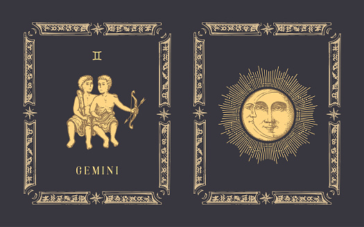 Gemini zodiac symbol on black background, drawn horoscope card in engraving style. Vintage illustration of astrological sign with Sun and Crescent in vector.
