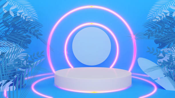istock White stand on a blue background with blue botanica leaves,circle neon light,mock up podium for product presentation 1356731958