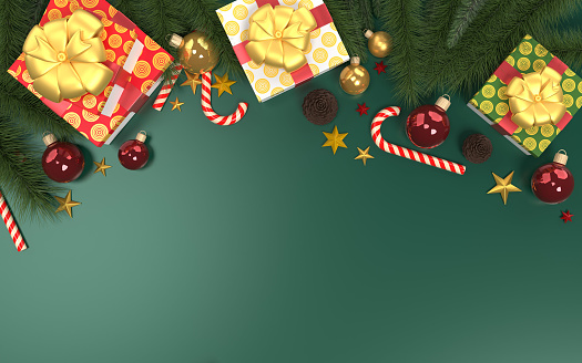Christmas, New Year or Chinese new year greeting card background with ornaments, candy, and stars against green background. New year, Christmas and Chinese New Year concept. Easy to crop for all your social media or print sizes.