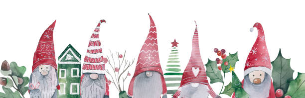istock Cute Scandinavian gnomes in patterned caps. Ink drawing, funny illustration, beautiful design elements. 1356737270