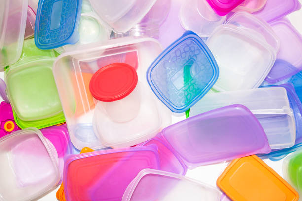 Pile of recycled food plastic containers stock photo