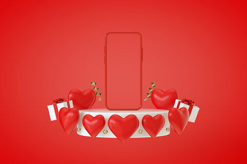 3d render, Mobile smart phone screen with Podium, Valentine's Day Hearts and Giftbox on Red Background.