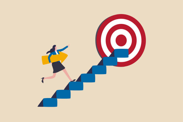 ilustrações de stock, clip art, desenhos animados e ícones de business progress or career path, step to reach target or business goal, success step or motivation for improvement concept, confidence businesswoman carrying arrow walk up stair to reach target. - ladder of success