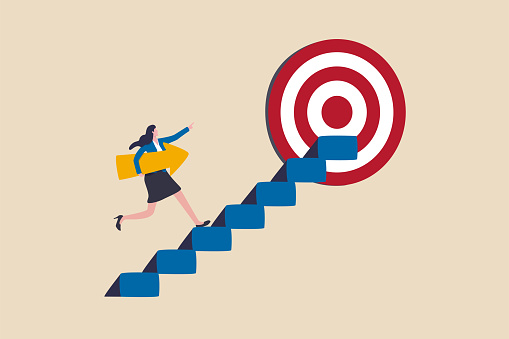 Business progress or career path, step to reach target or business goal, success step or motivation for improvement concept, confidence businesswoman carrying arrow walk up stair to reach target.