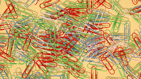 3d rendering group of colored paper clips.