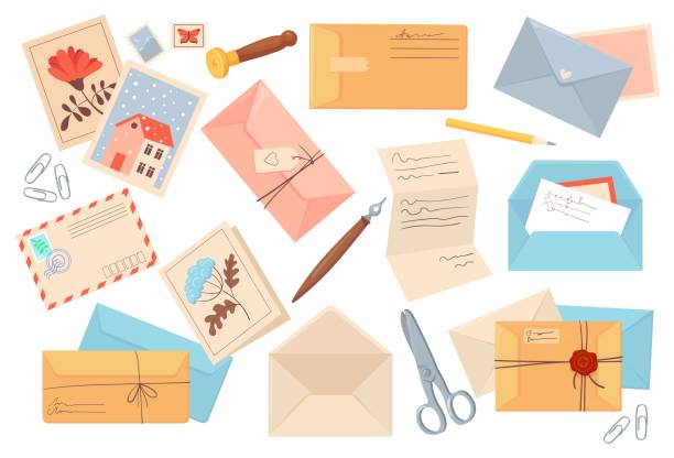 ilustraciones, imágenes clip art, dibujos animados e iconos de stock de carta de sobre hecha a mano. cartas de invitación varios sobres de papel con matasellos postales de correo, recepción de documentos de entrega - envelope mail letter multi colored