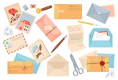 Handmade envelope letter. Invitation letters various paper envelopes with mail postmarks postcards, receiving delivery document