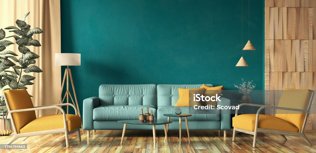 Interior design of modern apartment, turquoise sofa in living room, yellow armchairs, mock up wall, home design 3d rendering Interior design of modern apartment, turquoise sofa in contemporary living room, yellow armchairs, mock up wall and wooden panelling, home design. 3d rendering Living Room Stock Photo