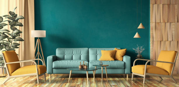 Interior design of modern apartment, turquoise sofa in living room, yellow armchairs, mock up wall, home design 3d rendering Interior design of modern apartment, turquoise sofa in contemporary living room, yellow armchairs, mock up wall and wooden panelling, home design. 3d rendering turquoise colored stock pictures, royalty-free photos & images