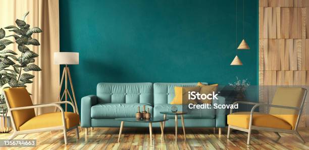 Interior Design Of Modern Apartment Turquoise Sofa In Living Room Yellow Armchairs Mock Up Wall Home Design 3d Rendering Stock Photo - Download Image Now