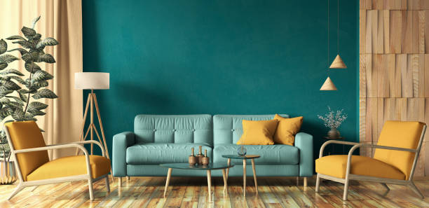 design de interiores de apartamento moderno, sofá turquesa na sala de estar, poltronas amarelas, parede de simulação, design de casa 3d renderização - azul turquesa - fotografias e filmes do acervo