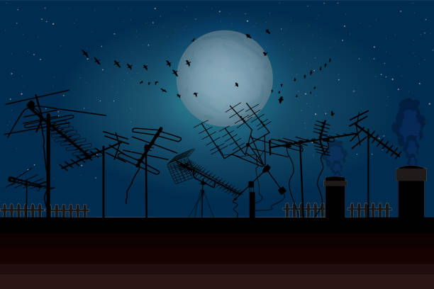 ilustraciones, imágenes clip art, dibujos animados e iconos de stock de cielo nocturno con luna llena, pájaros de bandada y techo con muchas antenas de televisión. - uhf