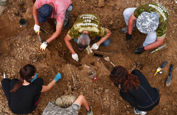 ausgrabungen am ort eines kriegsverbrechens. ort einer massenerschießung von menschen. menschliche überreste knochen von skelett, schädel . menschliche überreste von opfern der nazis. 28.08.2021, region rostow, russland - mass murder stock-fotos und bilder