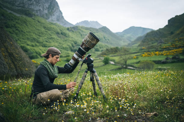 istock Photographer shoots with large lens in meadow 1356749912