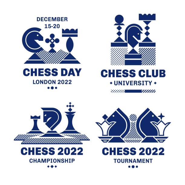 Design de logotipo do campeonato mundial de xadrez com ilustração vintage  de xadrez