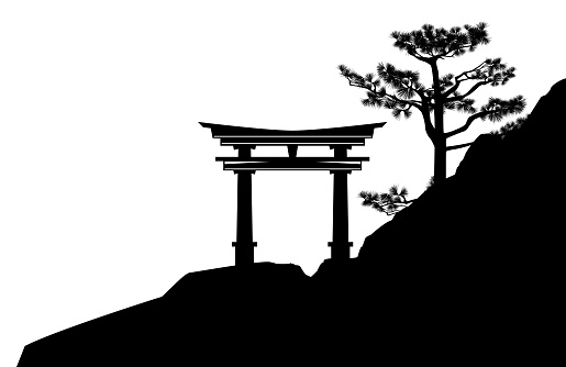 traditional japanese torii gate entrance to shinto shrine on pine tree covered rock cliff - black and white asian landscape vector silhouette scene