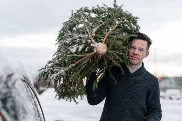 istock Carrying a Christmas tree on the shoulder 1356753990
