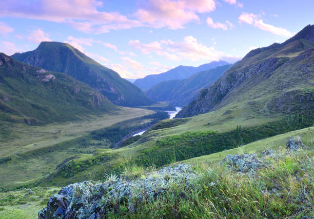 Rocky peaks covered with vegetation. Siberia, Russia