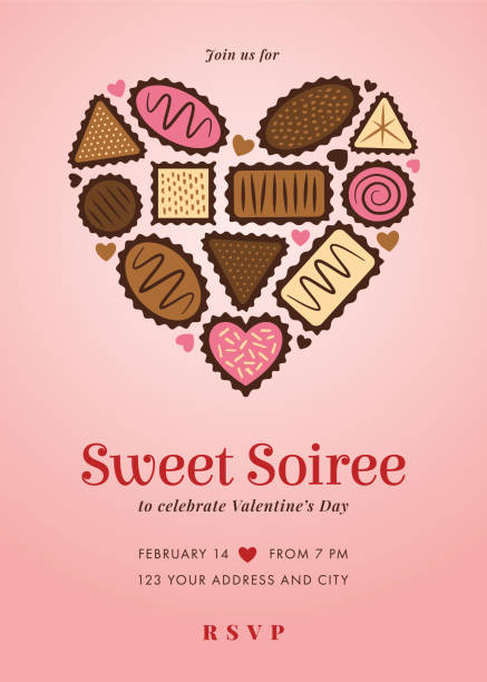 Valentine's day Party invitation template. Valentine's day Party invitation template. Vector illustration of assorted chocolate candy in heart shape on pink background. Stock illustration heart shape valentines day chocolate candy food stock illustrations