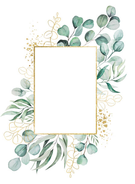 istock Watercolor light green eucaliptus branches and leaves golden frame illustration 1356754235