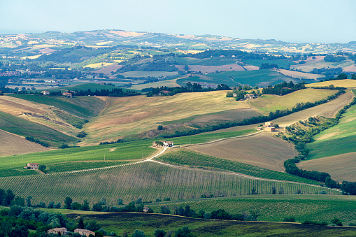 Country landscape along the road from Ostra Vetere to Cingoli, Ancona province, Marche, Italy, at springtime