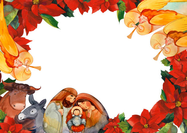 ilustrações, clipart, desenhos animados e ícones de quadro de natal aquarela com uma cena de presépio: josé, maria, jesus em uma manjedoura, um burro e um boi, anjos em uma noite de belém e uma coroa de flores poinsettia.  decorações de natal - silhouette christmas holiday illustration and painting