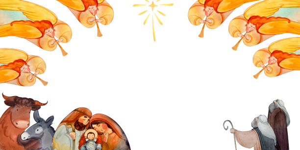rama bożonarodzeniowa z józefem, najświętszą maryją panny, jezusem chrystusem w żłobie, zwierzętami, pasterzami, trąbiącymi aniołami i gwiazdą betlejemską. na boże narodzenie chrześcijańskie projekty publikacje, druki, zaproszenia - silhouette christmas holiday illustration and painting stock illustrations