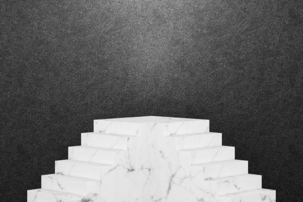 istock Cube stairway step white marble podium with black terrazzo wall background in luxury studio scene. 1356758875