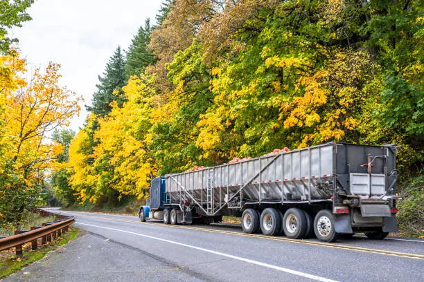 Photo of Blue big rig classic semi truck transporting pumpkin harvest in long bulk semi trailer driving on the winding mountain road with autumn forest