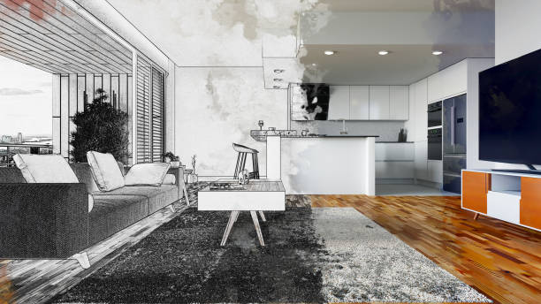 istock Half Drawing Sketch Modern Living Room Interior 1356760525