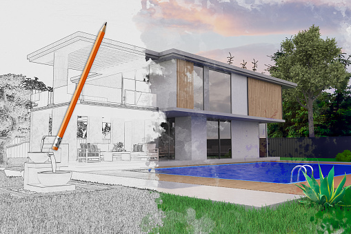Half Drawing Sketch Modern Villa Exterior with Swimming Pool. 3D Render