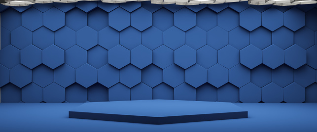 Abstract Blue Background with Lights and Honeycomb Shaped Wall. 3D Render